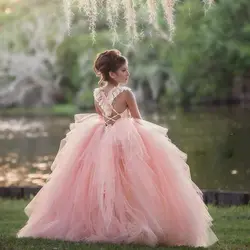 Розовые платья для девочек с цветочным узором для свадьбы слоистых тюлевый кружевной накладной орнамент Дети платье пышные платья для