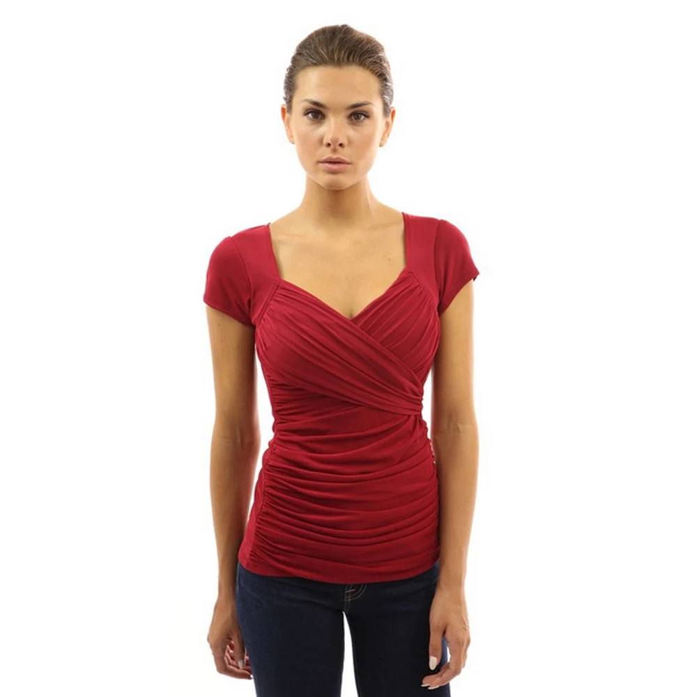 

2019 New European Women Fashion Women T Shirt Short Wrinkle Sleeve V Neck Women Clothing Tops T-Shirts TR-09