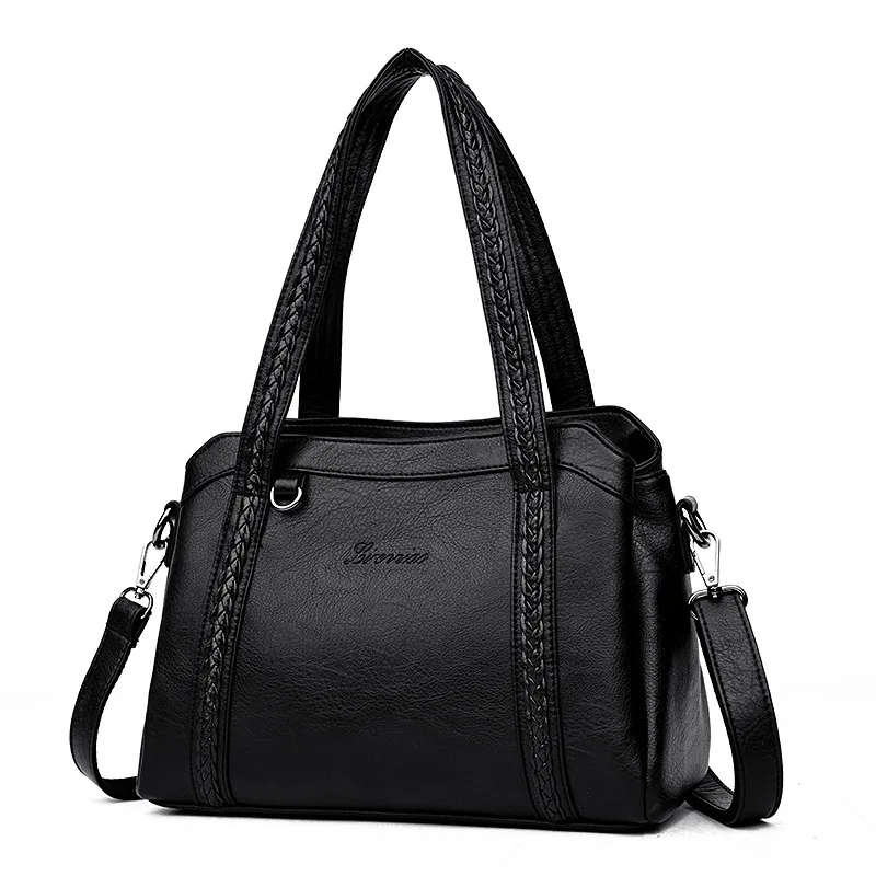 

3 Pockets Women Leather Handbags 2018 Brand Luxury Designer Female Shoulder Bag Knitting Fashion Casual Tote Bags for Ladies