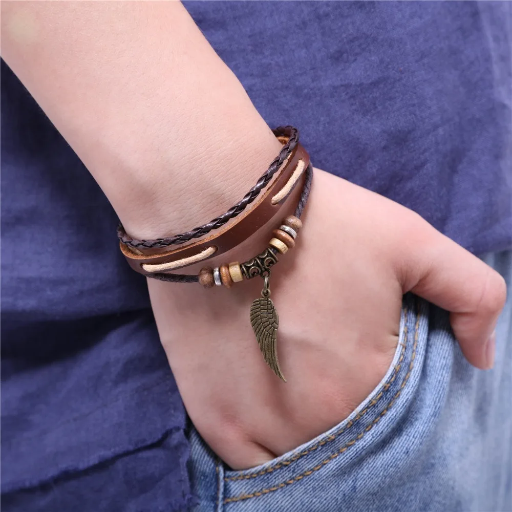 Leather Bracelets for Women Men Jewelry Handmade Wing Charm leather bracelets