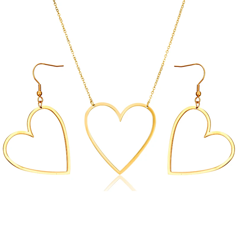 

Heart earing necklace set jewellery gold/silver stainless steel chain pendant necklace for women earings fashion Accessories