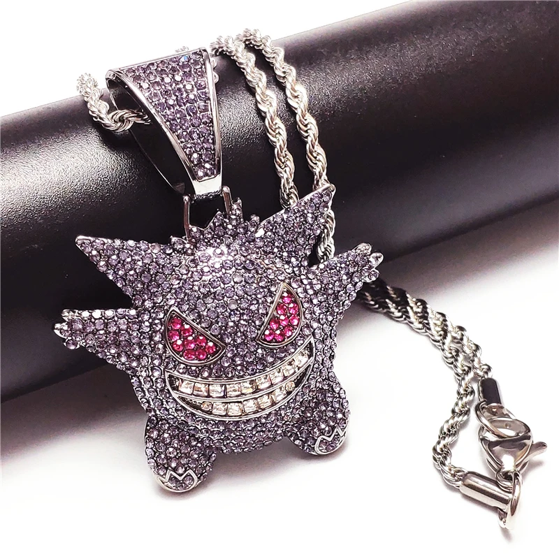 

Hip Hop Anime Gengar Ice Out Purple AAA + Cubic Zircon Pendant Hip Hop and Necklace Men's Pokemon Glamour Necklace.