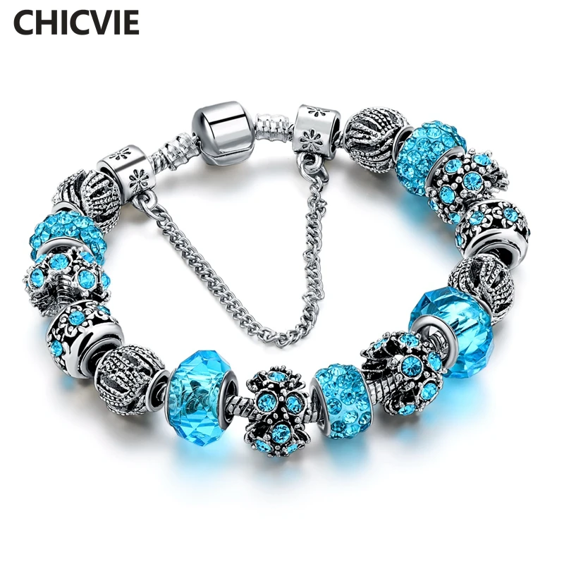 

CHICVIE Blue Crystal Charm Bracelets & Bangles For Women Trendy 20CM Silver Color Bracelet femme Wedding DIY Jewelry SBR160158