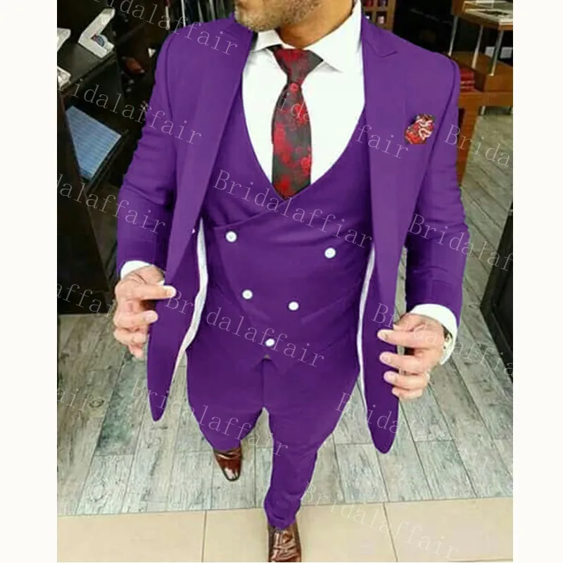 Bridalaffair 3 pieces Men Suits Peak Lable Purple Groomsuit blazer One Button Formal Business Suits Tuxedo(Blazer+Vest+Pants）