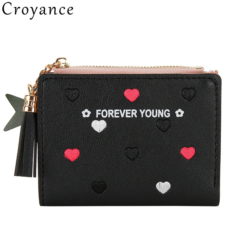 

Croyance Card Holder Women Wallets Money Bag Female Sweet Short Purse 2019 Small Leather Wallets Mini Heart Wallets Tassel