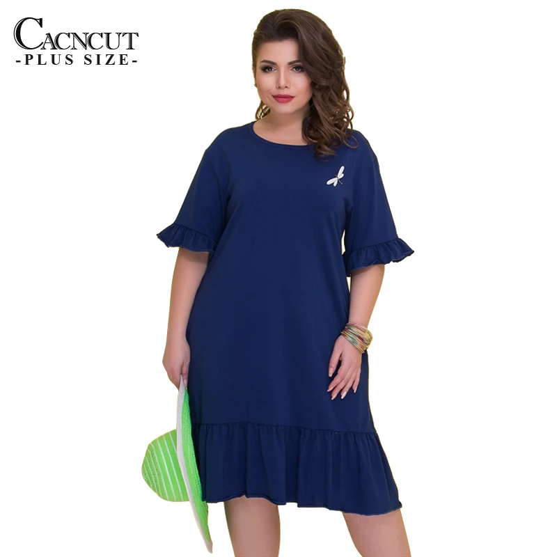 CACNCUT 5XL 6XL размера плюс повседневное свободное платье женское летнее элегантное платье большого размера по колено свободное платье Vestidos одежда для работы - Цвет: Тёмно-синий