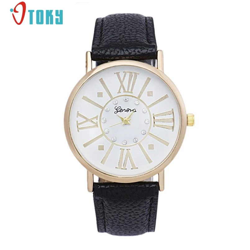 

Fashion Women Watches Diamond Roman Numerals PU Leather Quartz WristWatch Creative Mar15
