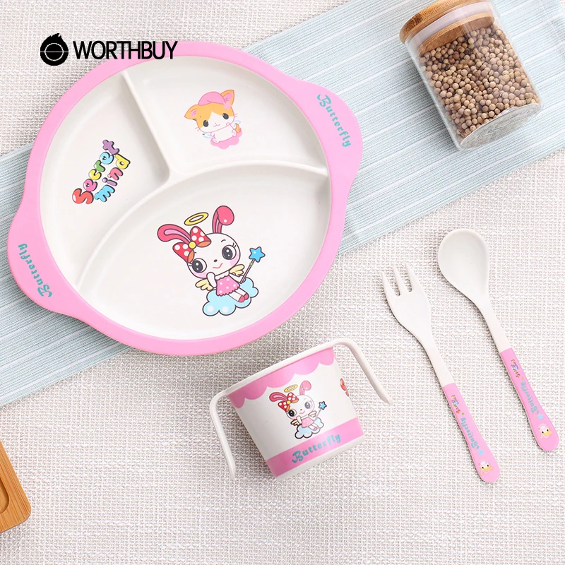 WORTHBUY Cute Cartoon Kids Dinnerware Set Eco Friendly Bamboo Fiber Dinner Children Cutlery For School Picnic Tableware|Столовые