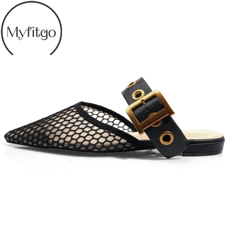 

Myfitgo Brand Fashion Women Slide On Mules Net Mesh Women Casual Slippers All Leather Polka Dot Pointed Toe Slides on Flat Shoes