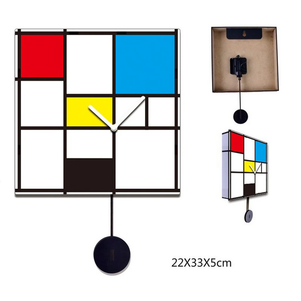 Wooden Grid Design Quartz Wall Clock Decorative Wall Pendulum Clock for Home Office Decoration, 22x33x5cm