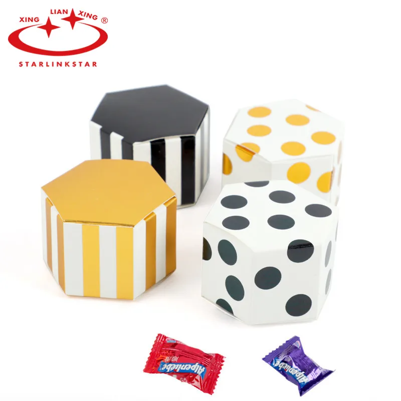 

10Pcs Mini Stripe/Dots Gold Bronzing Color Hexagon Candy Box Package Chocolate Gife Box Bady Shower Boy Gift Festive Decor