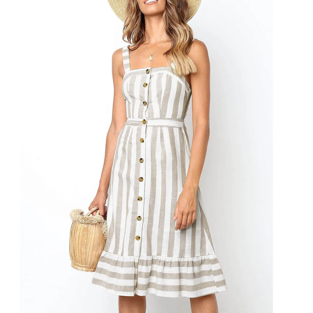 

Feitong Womens Sexy Summer Dress Slash Neck Striped Button Camis Backless Hollow Out Bow Party Dress vestidos verano 2019 New