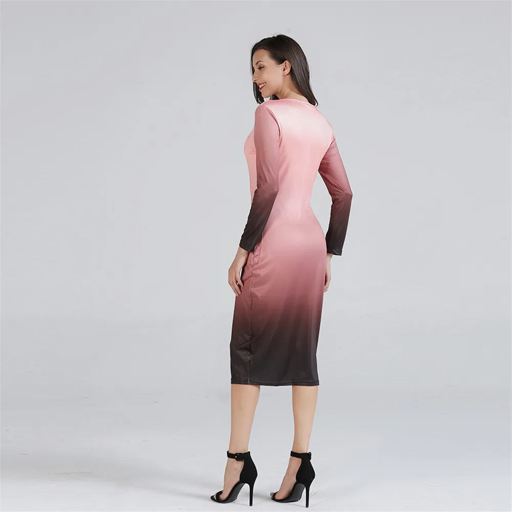 Women Basic Dress 2018 Gradient Ramp O Neck Long Sleeve Slim Dresses Bodycon Midi Office Working Dress Elegant All Match (24)