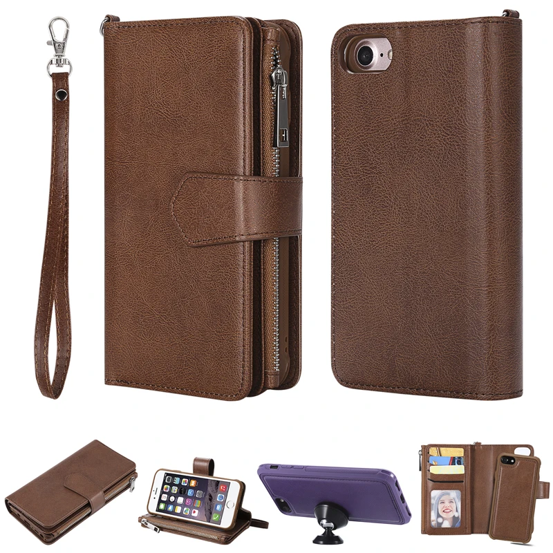 

Luxury Zipper Wallet 2 in 1 Leather Flip Case Phone Soft Silicone Cover Shell Coque Fundas Capa for Apple iPhone 6 6S 7 8 Plus X
