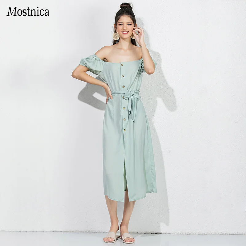 

Mostnica Elegant Front Single Breasted Mint Long Sundress Strapless for Lady Lantern Sleeves One Shoulder England Dress Woman