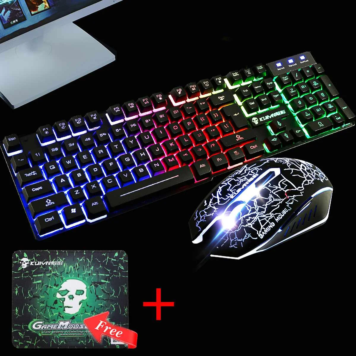 

LED Colorful Rainbow Backlight USB Ergonomic Wired Gaming Keyboard + 2400DPI Mouse + Mouse Pad Set for PC Computer Gamer