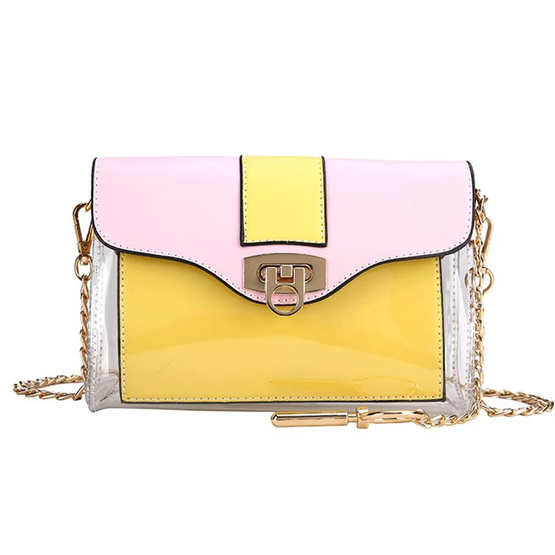 Neon Color Block PU Leather Single Chain Shoulder Bag Clear Large