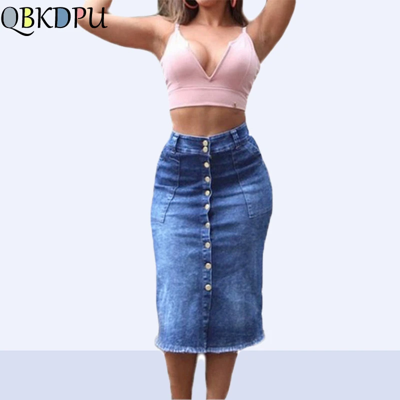 button front denim skirt knee length