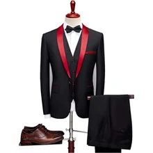Doragrace/костюмы из 3 предметов для мужчин весна осень красный Шаль Воротник Свадебный костюм для жениха костюм Homme Mariage Рождественский Костюм