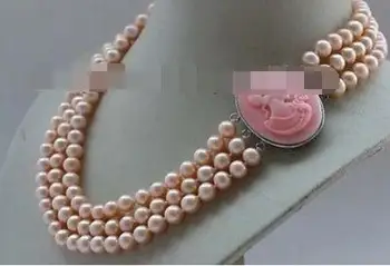 

17-18-19" 3Rows Genuine Natural 8mm Pink Round Pearl Necklace Cameo #f2387!