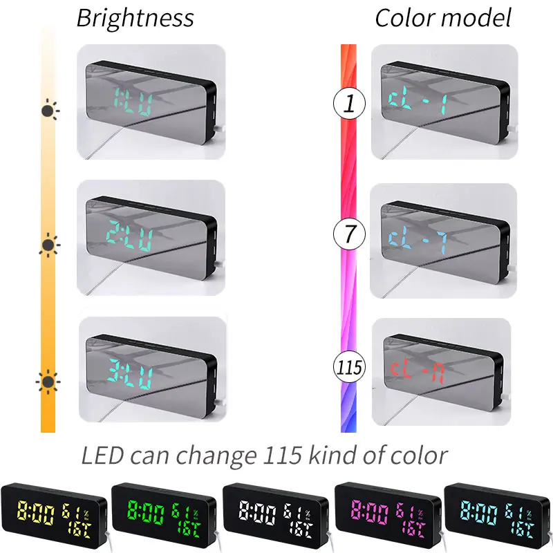 Многофункциональный светодиодный зеркальный Будильник Часы Цифровые Цвет изменить часы Повтор влажности Дисплей время ночной Светильник настольные часы настенные часы
