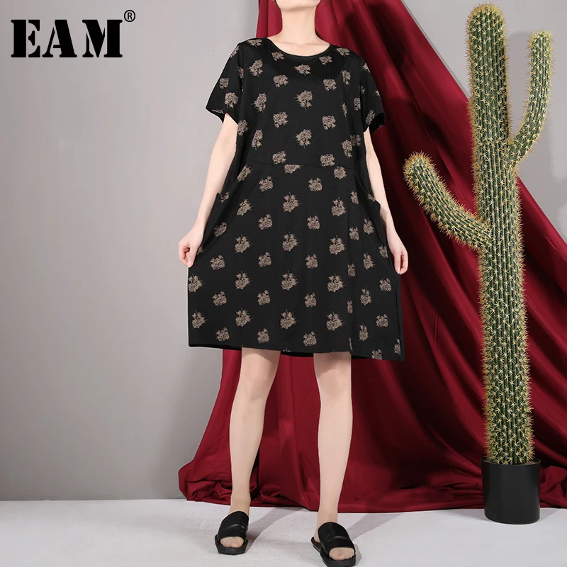 

[EAM] 2019 New Spring Summer Round Neck Short Sleeve Pattern Printed Pocket Loose Temperament Dress Women Fashion Tide JG0760