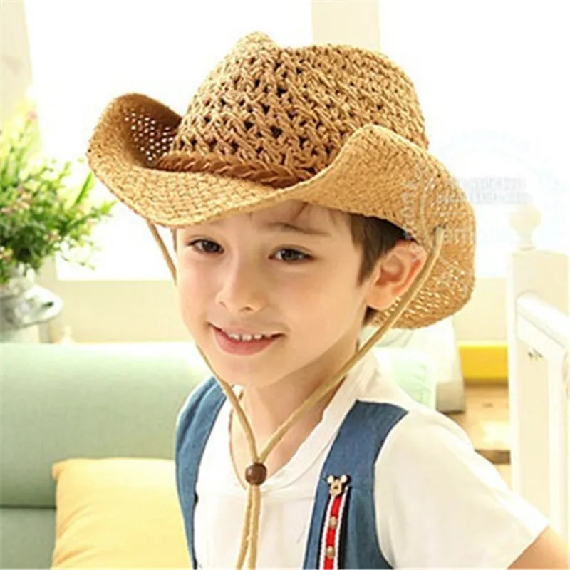 

Summer Autumn 54cm Children Caps Cowgirls Cowboy Hats for Kids Stars Pattern Straw Caps with Cable,Funny Birthday Party Hats