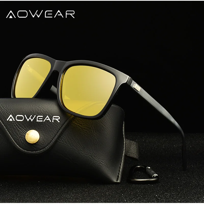 Cheap AOWEAR HD Night Vision Glasses Men Aluminium Yellow Lens Sunglasses Men Polarized Night Safe Driving Goggles Oculos Gafas De Sol