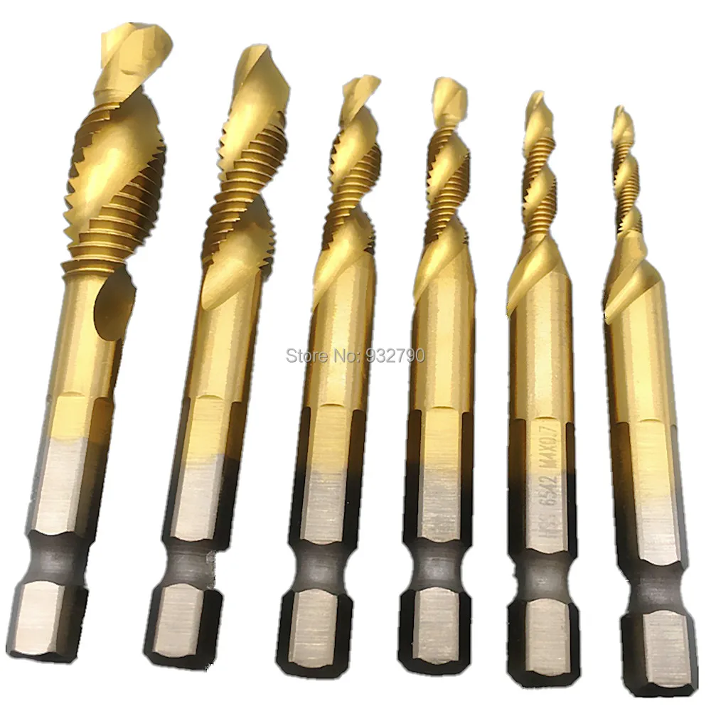 6pcs Titanium Coated Combination Drill Tap Bit 1/4" Hex Shank Screw Tap