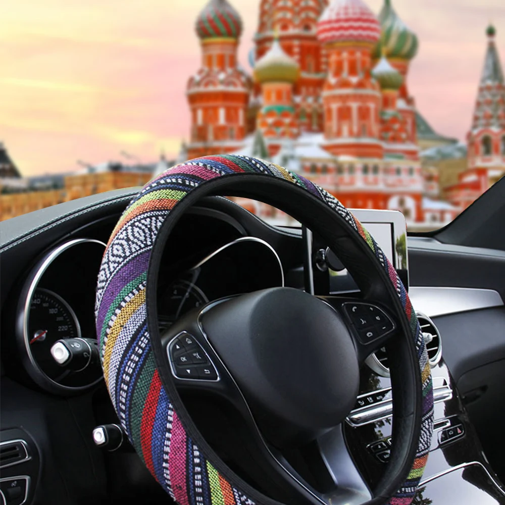 

LEEPEE Linen Ethnic Style Universal Auto Decoration Car Steering Wheel Cover Car Accessories Elastic