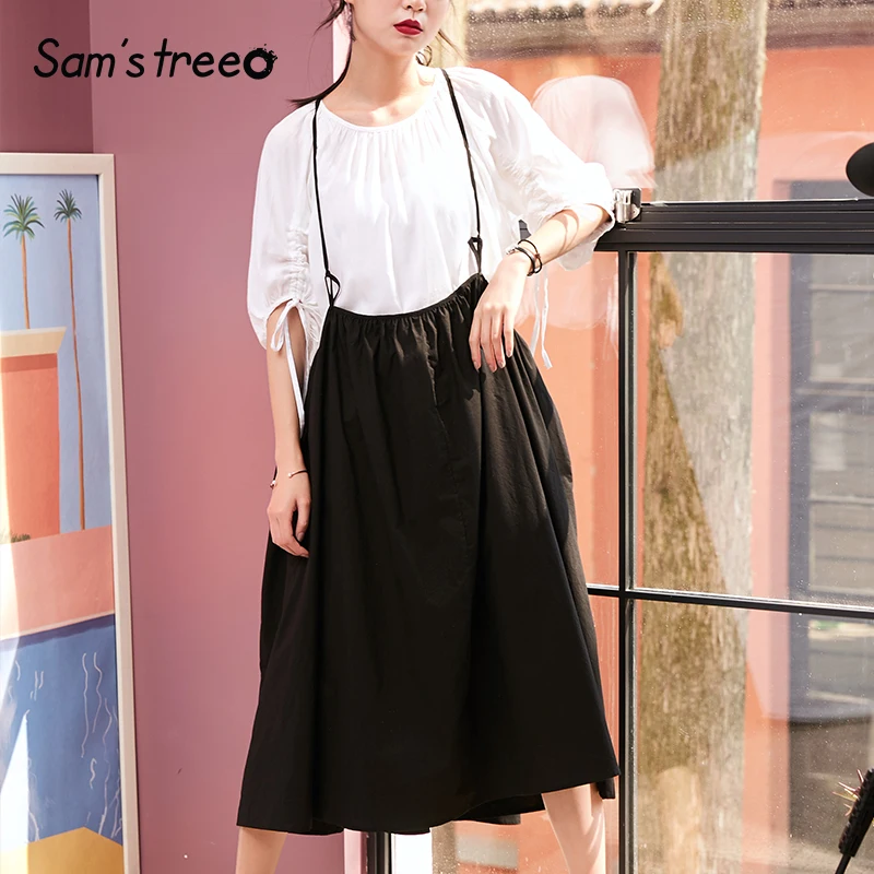 

Samstree Summer Loose Women Dresses lantern Sleeve White T-shirt Black Mid-Calf Strap Dress 2 Pieces Female Suits