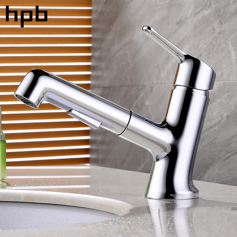 

HPB Brass Chrome Pull Out Bathroom Basin Faucet Contemporary Style Hot And Cold Water Mixer Tap Single Handle Single Hole IFC021