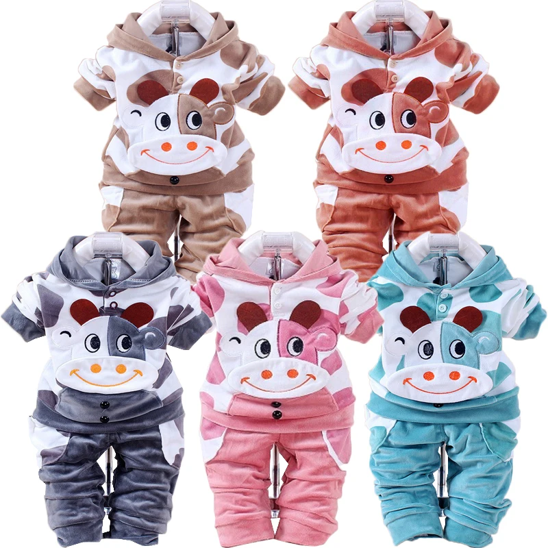 Комплект одежды из плотного бархата для маленьких детей; Одежда для новорожденных с героями мультфильмов; толстовка с капюшоном и длинными рукавами; одежда унисекс+ штаны для малышей; комплект из 2 предметов