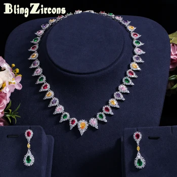 

BeaQueen Multicolor Pear Design Colorful Cubic Zircon Choker Necklace Earrings Bohemia Wedding Jewelry Sets for Women JS155
