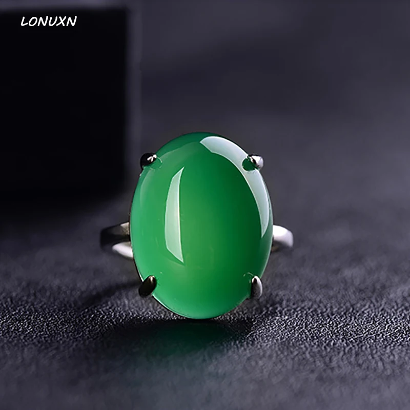 

925 Sterling silver Resizable Size big Rings Vintage High quality women jewelry Natural semi-precious stone green chalcedony