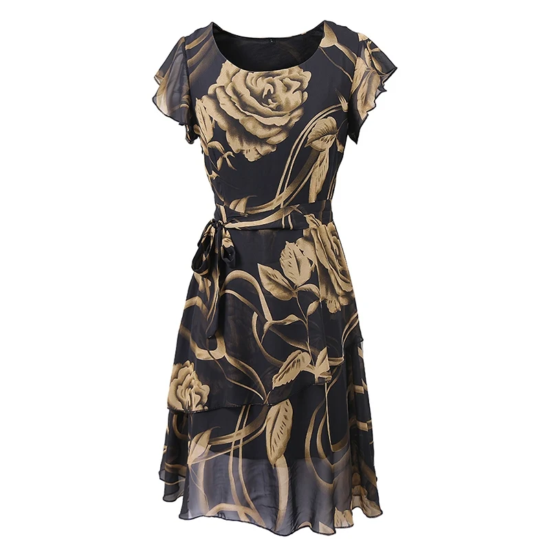 Summer Chiffon Dress Outer Space Casual Floral Print Women Round Neck Hollow Out Printed Bowknot Chiffon Skater Dress