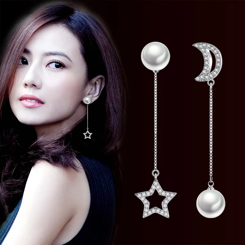 

Earrings 925 Fashion Dangler Eardrop Ear Line Asymmetrical Sterling Silver Glitter Moon Star Dangle Pearl Eearrings For Women