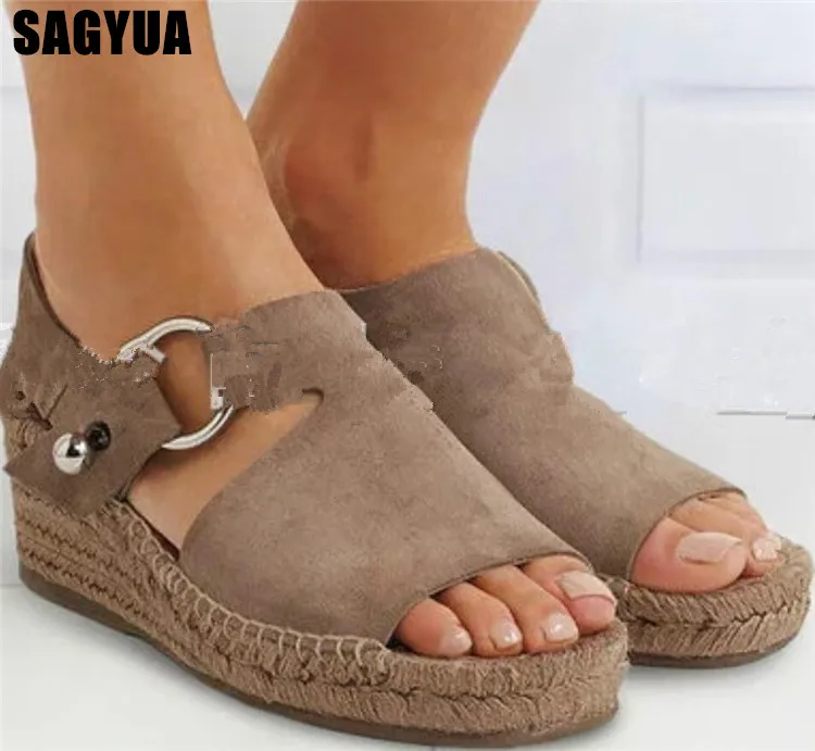 

Summer new Weaving Thick bottom Fish mouth women sandals fashion Wedge ladies Ankle buckle shallow Casual shoes plus size A722