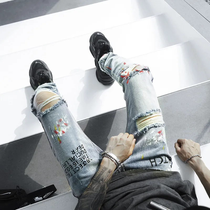 Bebovizi бренд хип-хоп Для мужчин джинсовые штаны узкие джинсы с рваной отделкой новый дизайнер смешно печати уличная уничтожены Рваные джинсы