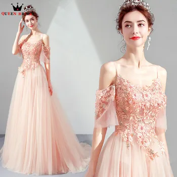 

Elegant Evening Dresses 2020 New A-line Half Sleeve Flowers Crystal Beading Pink Prom Party Dress Gowns Vestido De Festa JK11