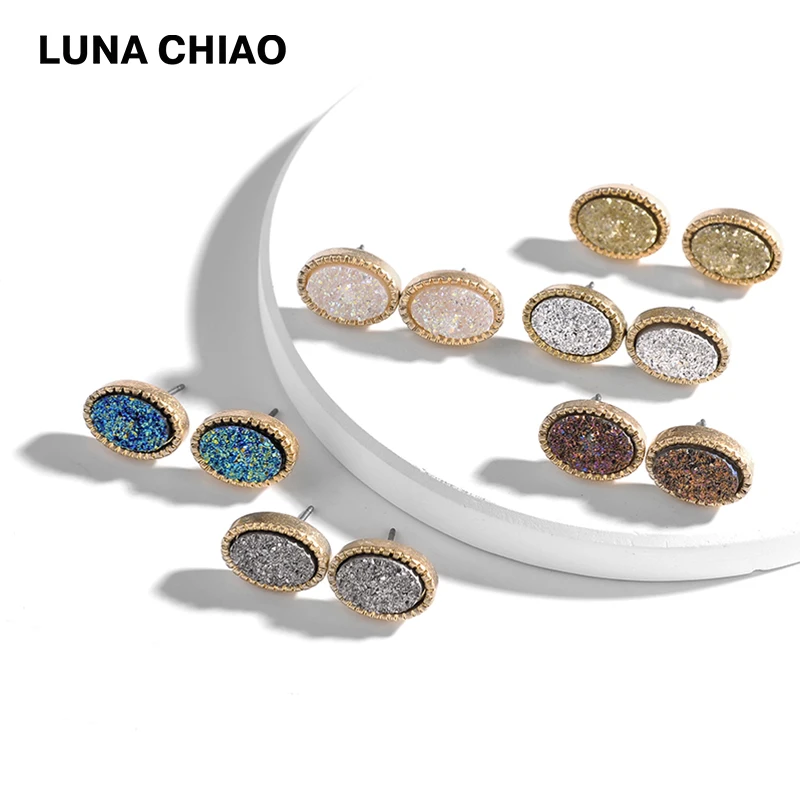 

2018 Fashion Mini Oval Fake Resin Druzy Stone Ear Stud Chic Style Metallic Acrylic Earrings for Women