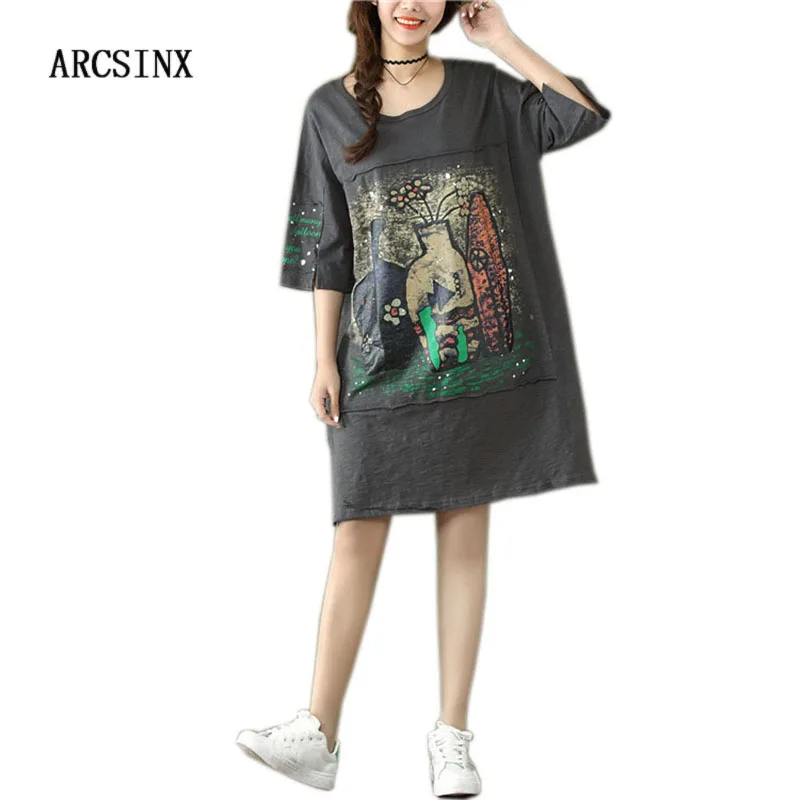 

ARCSINX Summer Dress Plus Size 4XL 3XL Oversized Korean Women Dress Casual Short Sleeve Grey Cotton Women Dresses And Sundresses