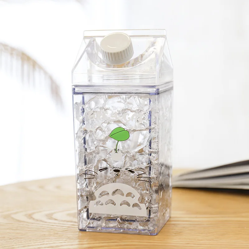400 мл квадратная кавайная бутылка для воды мультяшная коробка для молока двойная соломенная пластиковая чашка для воды Хрустальная Детская бутылка для воды бутылка для молока плоская - Цвет: Totoro