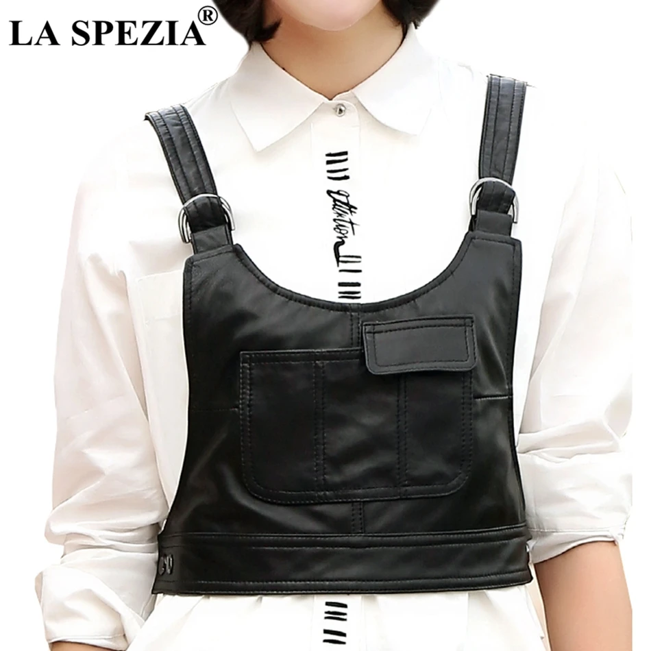 LA SPEZIA Women's Vests Black Short Army Sleeveless Jacket Female Plain Genuine Sheepskin Leather Military Ladies Spring Gilet