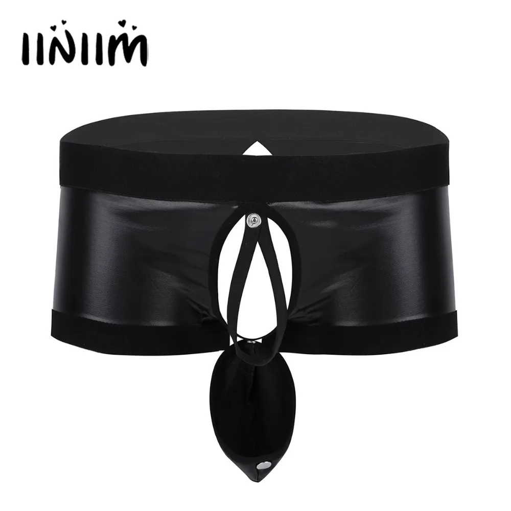 

Black Mens Lingerie Soft Faux Leather Open Butt Sissy Panties Bikini Boxer Shorts Jockstraps Underwear with Buckled Bulge Pouch
