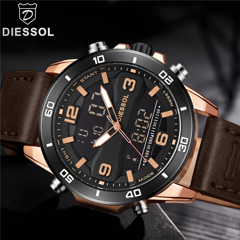 

DIESSOL Mens Watches Top Brand Luxury Quartz Watch Men Casual Sport LED Digital Waterproof Leather Wrist Watch Relogio Masculino