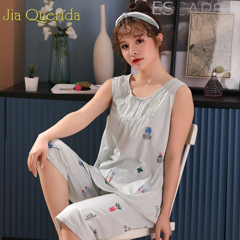 Летние шорты Pijama Mujer без рукавов, одежда для сна, кардиган с мультяшным принтом, Женский пижамный комплект, хлопок, Женская домашняя одежда - Цвет: 66277