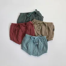 Лидер продаж, однотонные детские брюки детские штаны из льна и хлопка для маленьких мальчиков и девочек, летние пляжные свободные шорты розничная, Размер 73-110 см