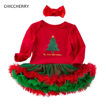 

My First Christmas Baby Girl Clothes Long Sleeve Lace Petti Romper Dress Headband Infant Christmas Costume Vestiti Bambina