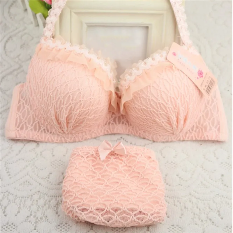 2 PCS Women Girl Cute Lace Bra Set Adjustable Strap Ruffle Push Up 3/4